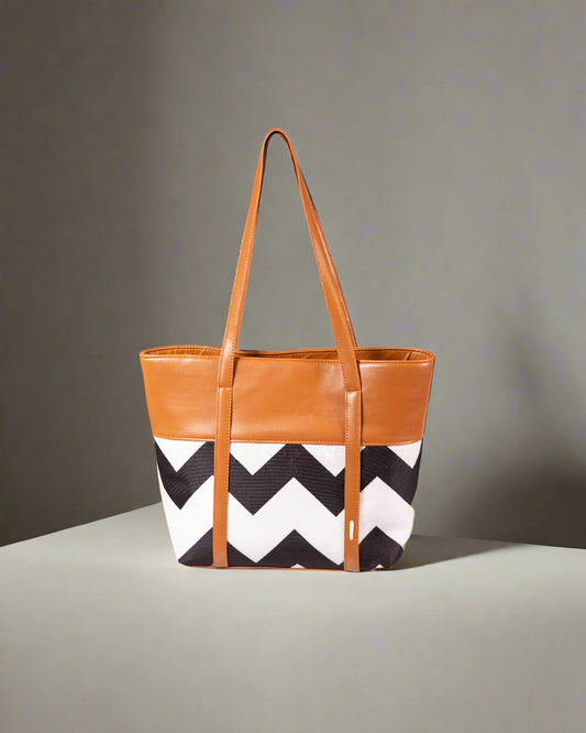 Chevron Luxe Tote – Tan & Black